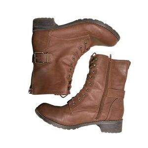 Women's Brown Lace-Up Combat Boots with Side Zip